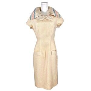 Vintage Hauser Wodell Woven Pegged Sheath Dress Knit Collar